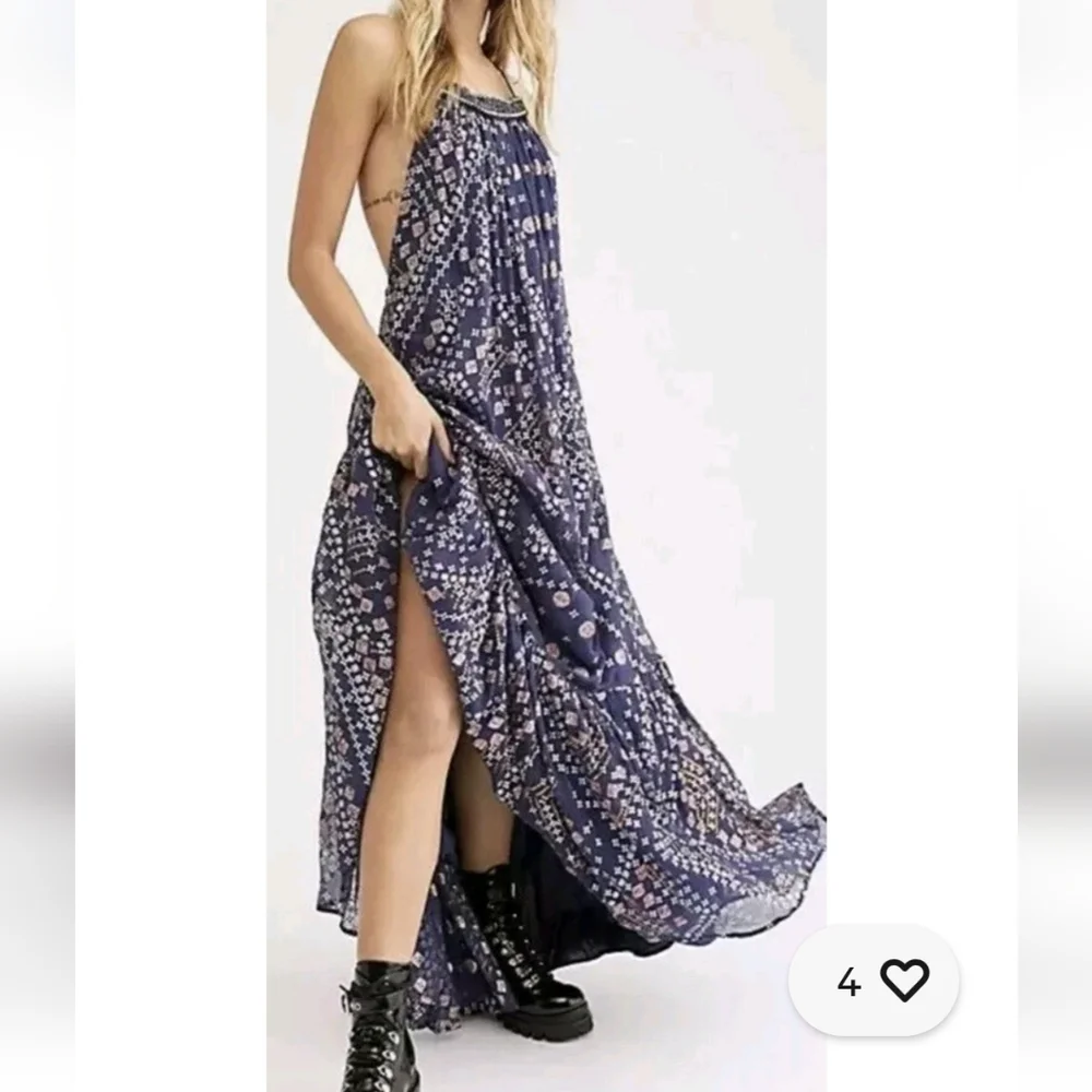 Free People Boho Strappy Beaded Glitter Open Back Maxi Dress Size XS